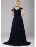 Cold Shoulder Navy Blue Chiffon Slit Long Prom Dress